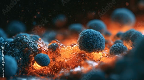 Organic spheres emerge from molten, textured, fiery depths