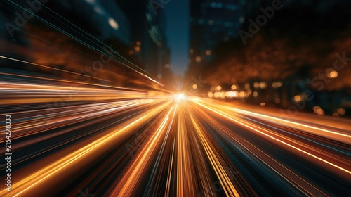 Fast-paced light trails streak through a dark, urban, nighttime cityscape