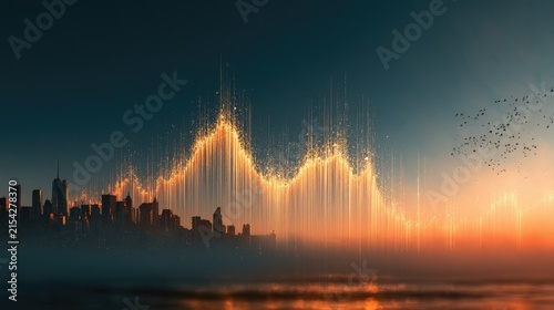 City skyline glows with golden light waves at sunset over water