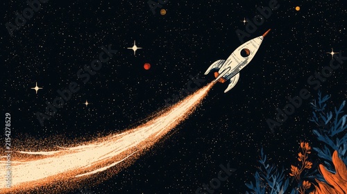 A retro rocket blasts through starry space, leaving a fiery trail behind