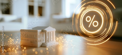 Miniature building with glowing percentage symbol, signifying finance