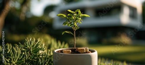 A small plant grows in a pot with coins, suggesting growth and prosperity