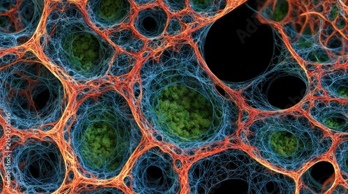 Abstract cosmic web of interconnected networks with glowing spheres within