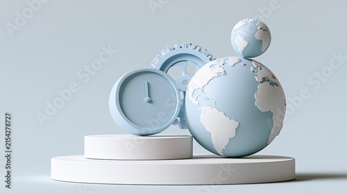 Minimalist pastel display features clock, gears, and orbiting globes on podiums