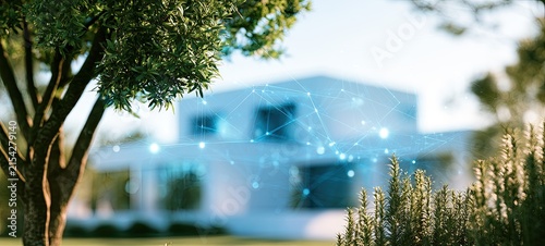 Modern home surrounded by nature, connected by a glowing digital network