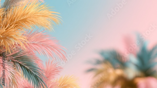 Softly blurred tropical leaves with pastel sky, a dreamy, serene backdrop