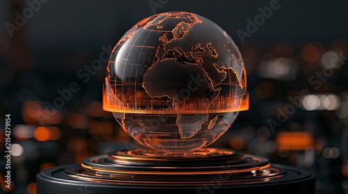 Futuristic glowing globe on a metallic pedestal with blurred background lights