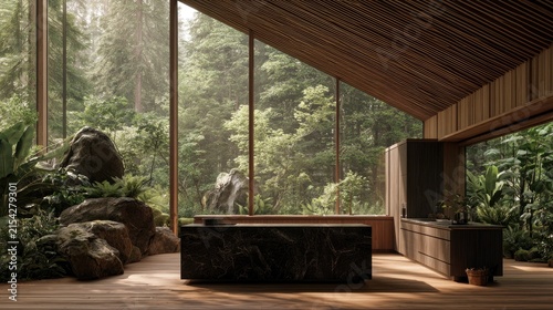Modern kitchen integrated into lush forest with large windows & natural materials