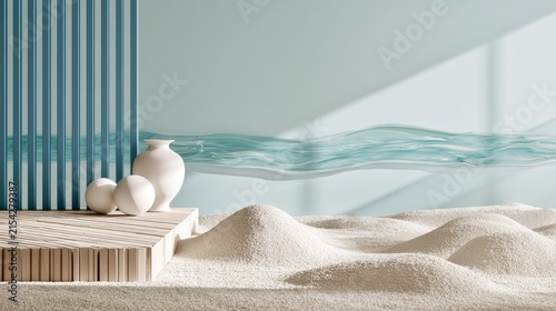Serene minimalist scene with sand, vase, spheres, and light patterns