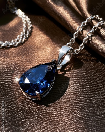 Pear-shaped deep blue gemstone pendant on silver chain rests on satin
