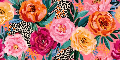 Vibrant abstract floral pattern with bold colors and leopard print accents