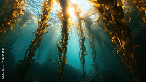 Sunbeams pierce through underwater kelp forest, illuminating aquatic flora