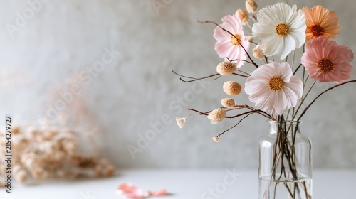 Delicate paper flowers in a glass vase with soft lighting and muted background