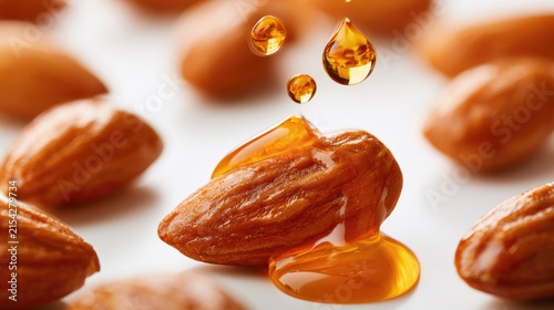Golden droplets of oil cascade onto a close-up of an almond nut