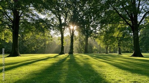 Sunlight streams through lush green trees casting long shadows on a grassy expanse