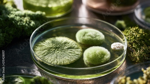 Petri dish holding fuzzy green and white biological cultures in liquid