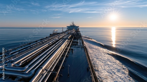 Massive vessel navigates calm ocean waters at sunset, gleaming pipes stretch