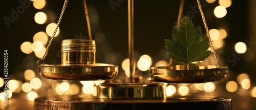 A gold balance scale with a leaf on one side, weights on the other, against bokeh lights