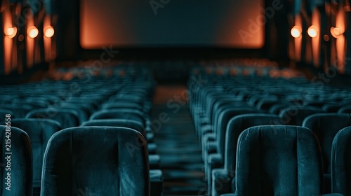 Rows of empty dark velvet seats in a cinema facing a glowing screen