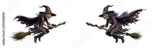 Two spooky witches flying on broomsticks isolated on transparent background