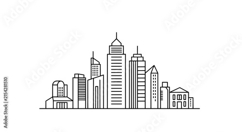 A minimalist line drawing depicting a modern city skyline with various tall buildings and structures