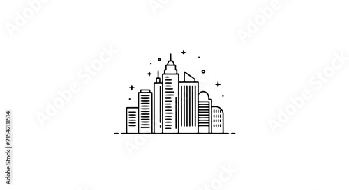 A minimalist line drawing of a cityscape featuring several skyscrapers of varying heights, set against a clean background with small star-like elements.