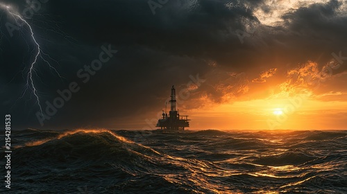 Stormy sunset with drilling rig and lightning bolt over turbulent sea