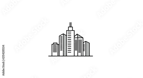 A stylized line drawing of a cluster of modern skyscrapers against a white background, representing a city skyline