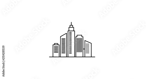 A minimalist illustration of a modern cityscape featuring several tall buildings of varying heights, rendered in a clean black and white line art style