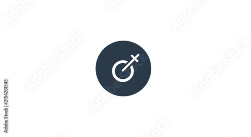A white symbol representing womanhood with a circle and a cross inside, set against a dark blue circular background