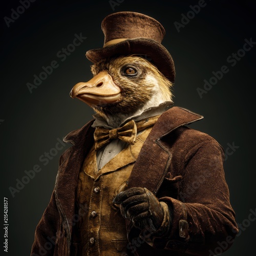Anthropomorphic bird character in vintage Victorian attire with top hat and bow tie, detailed costume for theatrical or artistic display