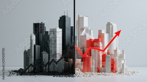 Split cityscape showing growth and decline, with red arrow