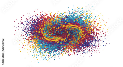 A vibrant, swirling vortex of colorful dots resembling a galaxy or a cosmic explosion. The particles are in shades of blue, red, yellow, and purple, creating a dynamic and abstract pattern