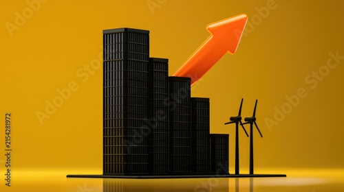 Growth chart with upward arrow and wind turbines on yellow background