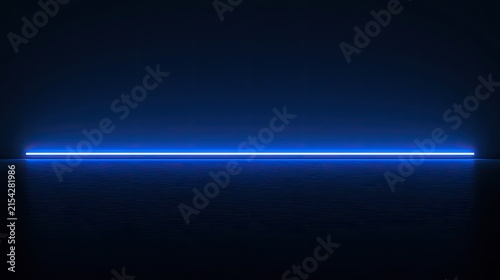 Horizontal bright blue neon light emanates from the floor against a dark, reflective surface