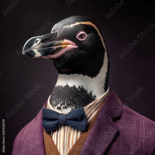 Humorous penguin dressed in a business suit complete with blazer, shirt, and bow tie for a quirky professional look