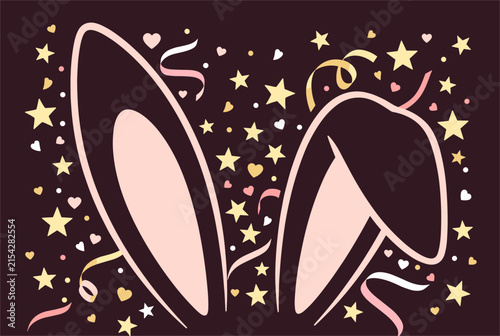 Playful pink and white bunny ears emerge from the bottom among golden stars, hearts, and streamers on a dark festive background.
