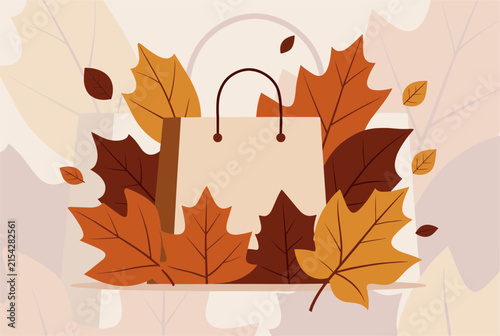 Paper shopping bag nestled among a variety of autumn maple leaves in warm earthy tones suggests seasonal retail sales and fall fashion.