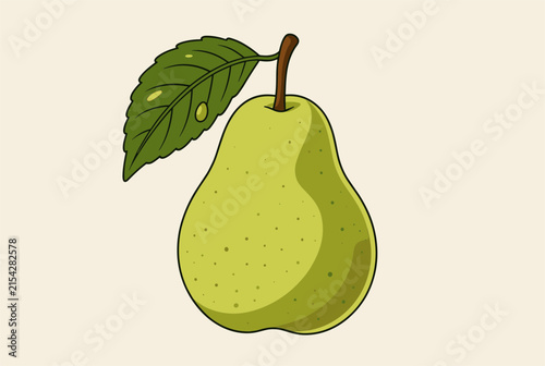 Ripe green pear illustration with a single brown stem and a large green leaf featuring realistic texture and shadows.