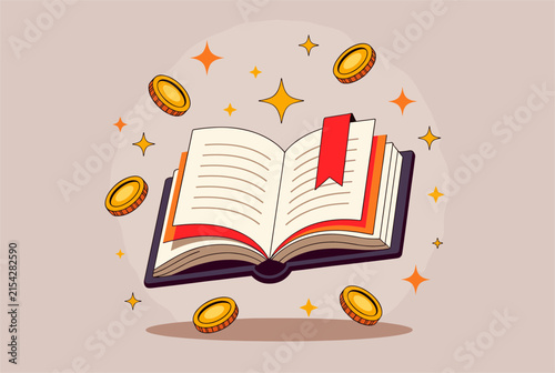 Open book with a red bookmark floating among shining gold coins and stars representing knowledge and financial success.