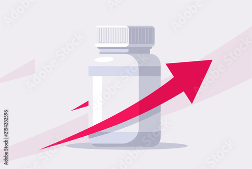 White pill bottle with a rising red arrow indicating increasing pharmaceutical prices or medical cost inflation trends.