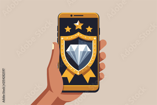 Hand holding a golden smartphone displaying a security shield with a diamond and stars representing premium data protection and safety.
