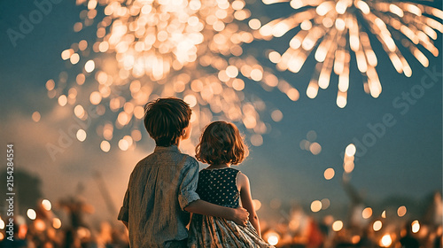 Children Admiring Fireworks: Two young children stand together, gazing in awe at a vibrant fireworks display illuminating the night sky, creating a magical and memorable moment