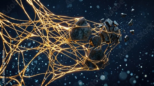 Abstract digital glowing gold lines dismantling a dark radiation weapon icon for nuclear elimination concept