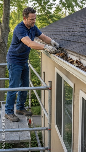 Worker cleaning gutters from a stable safe platform