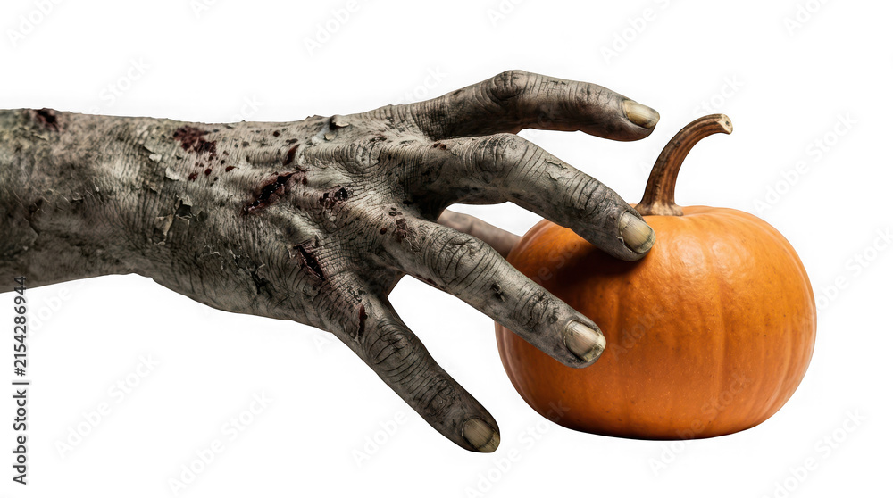 Fototapeta premium Scary zombie hand reaching for a pumpkin isolated on transparent background
