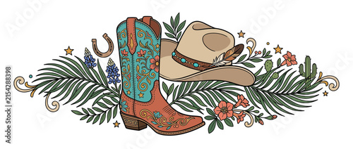 Western Cowboy Boot and Hat with Floral and Nature Elements