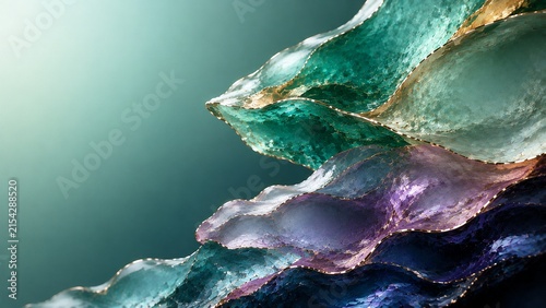 Abstract flowing metallic waves in teal, purple, blue and gold, with glossy textured surfaces, sculptural curves, reflective edges and soft dramatic lighting
