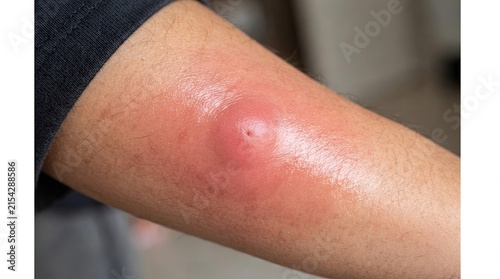 A person's arm with a red, swollen, and tender bump on the elbow.