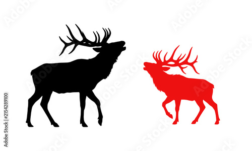 Stag deer silhouette in black and red isolated on white background